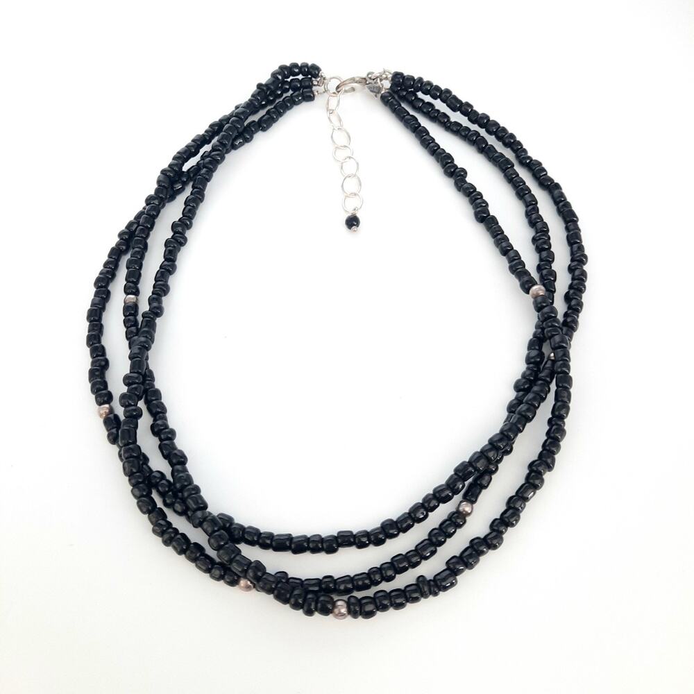 SILPADA 3 STRAND STERLING SILVER & BLACK GLASS SEED BEAD NECKLACE 15.5" + 2" Ext